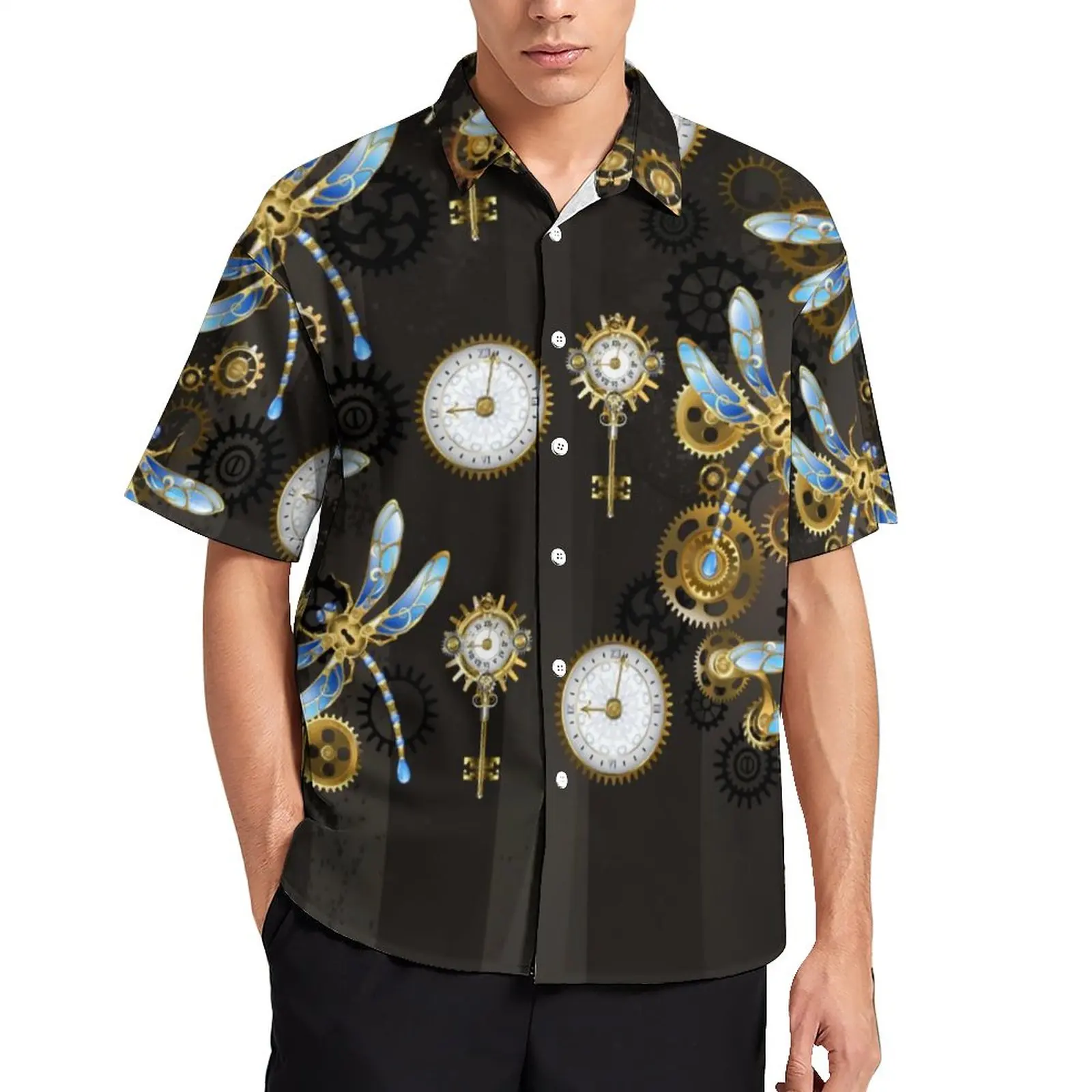 

Steampunk Dragonflies Casual Shirt Brown Striped Vacation Shirt Hawaiian Novelty Blouses Short Sleeves Print Oversized Tops