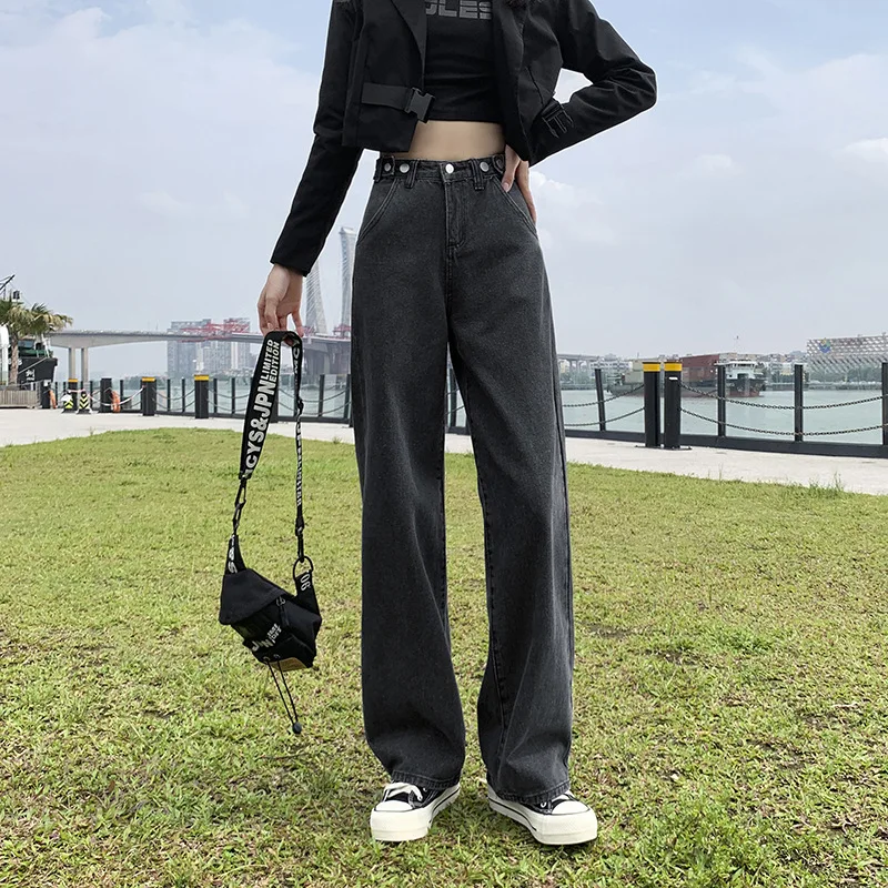 

Woman High Waist Wide Leg Straight Loose Denim Pants with Button Blue/Black Vintage Jeans Fashion Harajuku All-match Streetwear