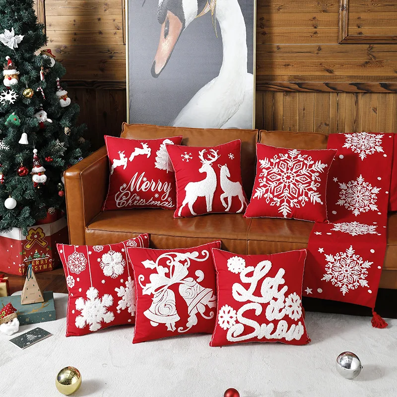 

Embroidery Christmas Cushion Cover Red White Xmas Pillow Cover 45x45cm Live Room Decor Sofa Pillowcase Christmas Home Decor