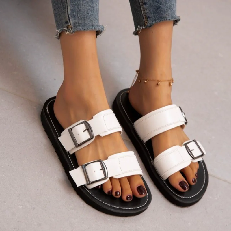 

Shoes for Women 2023 Hot Sale Basic Women's Slippers Summer New Metal Belt Buckle Sandals Casual Platform Female Slippers Mujer