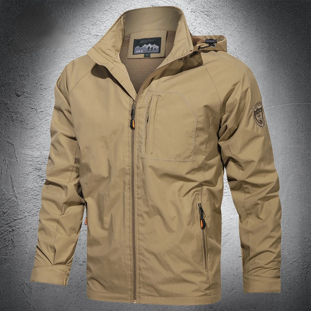 

Men's Outdoor Windproof Jacket Fashion Simple and Versatile Top Solid Color Hooded Zipper Jacket Casual Rushing Jacket