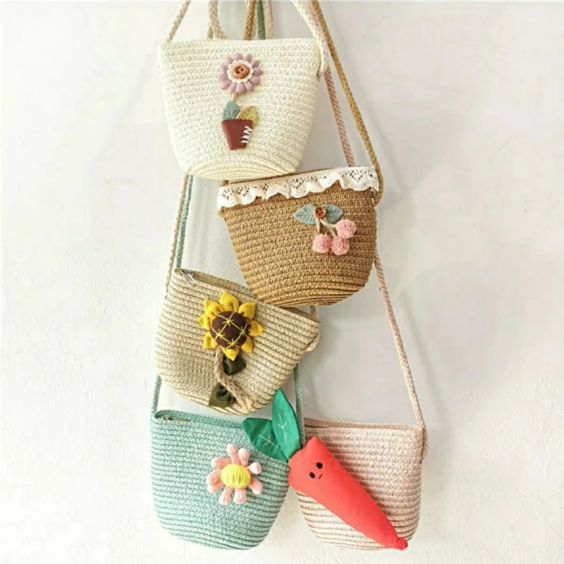 

Handmade Straw Children Shoulder Bags Sunflower Embroidered Boys Kids Crossbody Bag Baby Girls Small Square Coin Purse Handbags