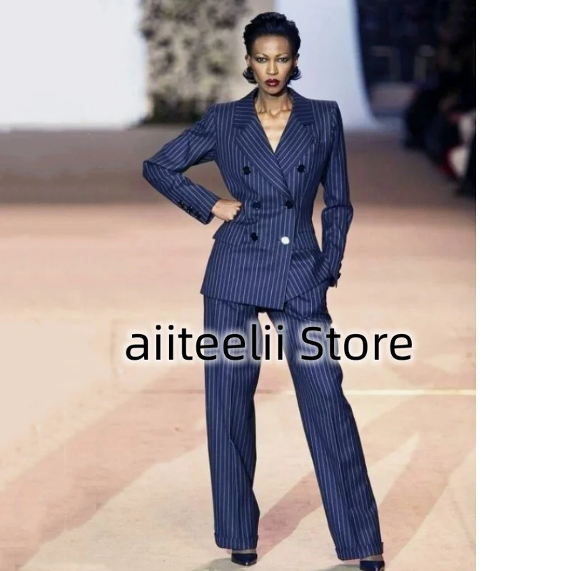 Women's Suit 2-piece Suit Fashionable Striped Double-breasted Slim Fit Handsome Lapel Collar Heroic Suitable for Business Ladies