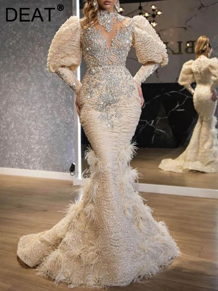 

Женское вечернее платье с блестками [DEAT], белое кружевное платье с длинным рукавом и запахом, с перьями, 13DB273, весна 2023