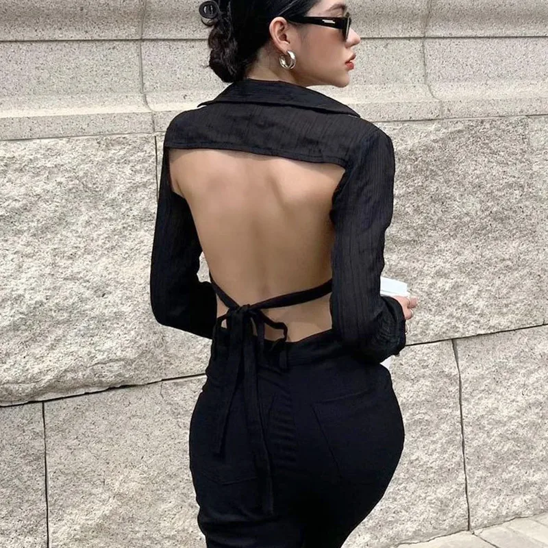 

Сексуальные черные топы на шнуровке с открытой спиной, футболка, женские футболки, Y2k одежда, Прозрачная Футболка с V-образным вырезом, Женск...