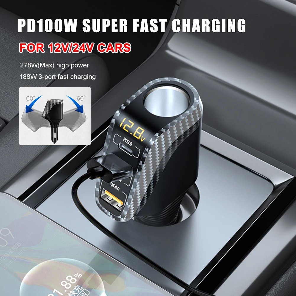 Car Charger 100W PD 3.0 Fast Charging 12V/24V Type-C 3 USB Adapter with Cigarette Lighter Splitter for Huawei Xiaomi iPhone 13