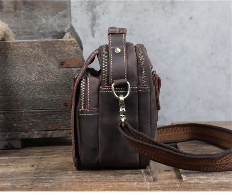 Retro fashion crazy horse leather men's small handbag daily weekend work party multi-pocket real cowhide shoulder messenger bag