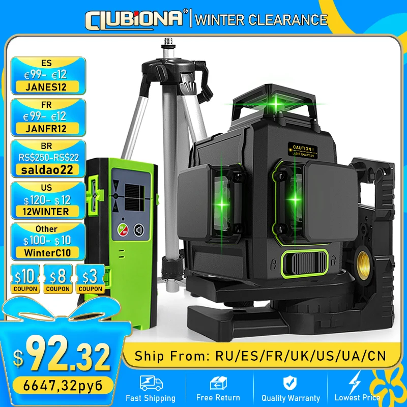 

CLUBIONA MD12G 12 Lines 3D Green Laser Level 360 degrees Auto Self-Leveling German Brand Laser Diode Horizontal Vertical Line