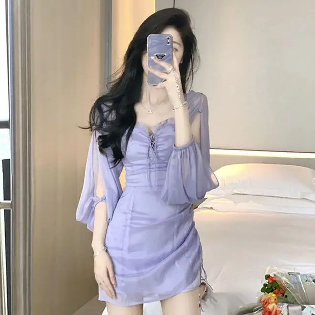 Purple Fairy One Shoulder Dress Women New Summer Dress Waist Design Chiffon Ruffled Gauze Skirt Bag Hip Skirt Women Clothing 1
