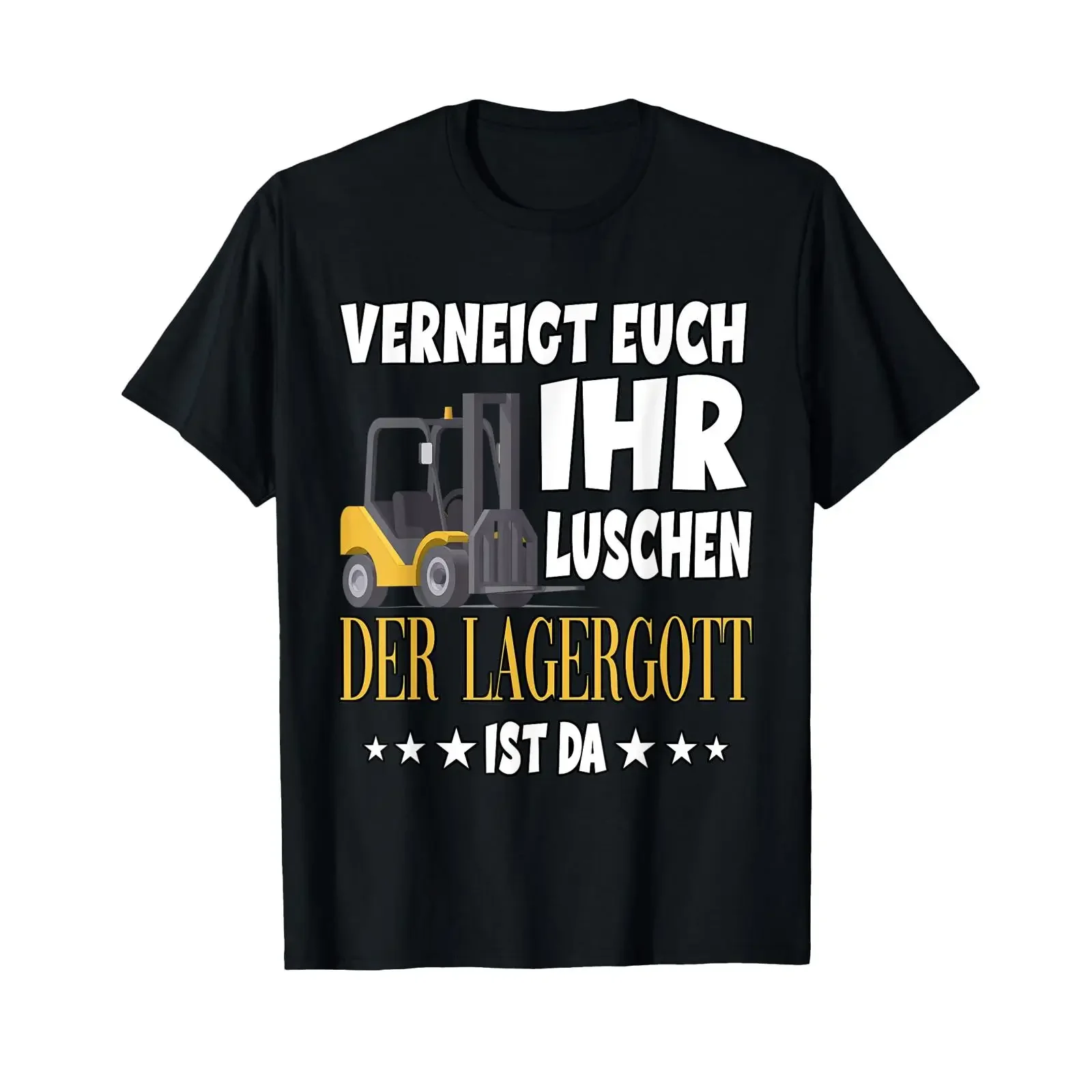 Фото Футболка с немецким текстом VNEIGT EUCH IHR LUSCHEN DER LAGERGOTT IST DA, черная, винтажная, мягкая, слегка унисекс. №1