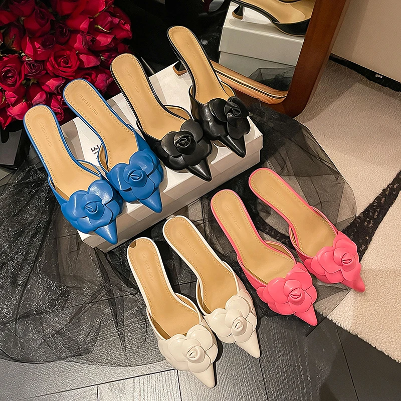

Мюли женские на высоком каблуке 6 см, дизайнерские сандалии на шпильке с цветочным принтом, без застежки, шлепанцы с узлом, сланцы, розово-кра...