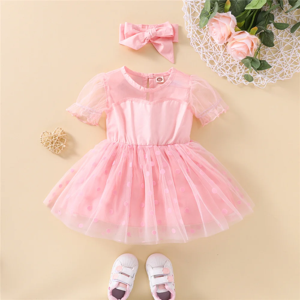 

Платье принцессы для новорожденных девочек, однотонное Сетчатое лоскутное платье-пачка с коротким рукавом для малышей + повязка на голову д...