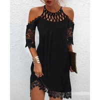 2022 women summer contrast lace cold shoulder casual mini dress fashion femme solid hollow out half sleeve streetwear vacation d