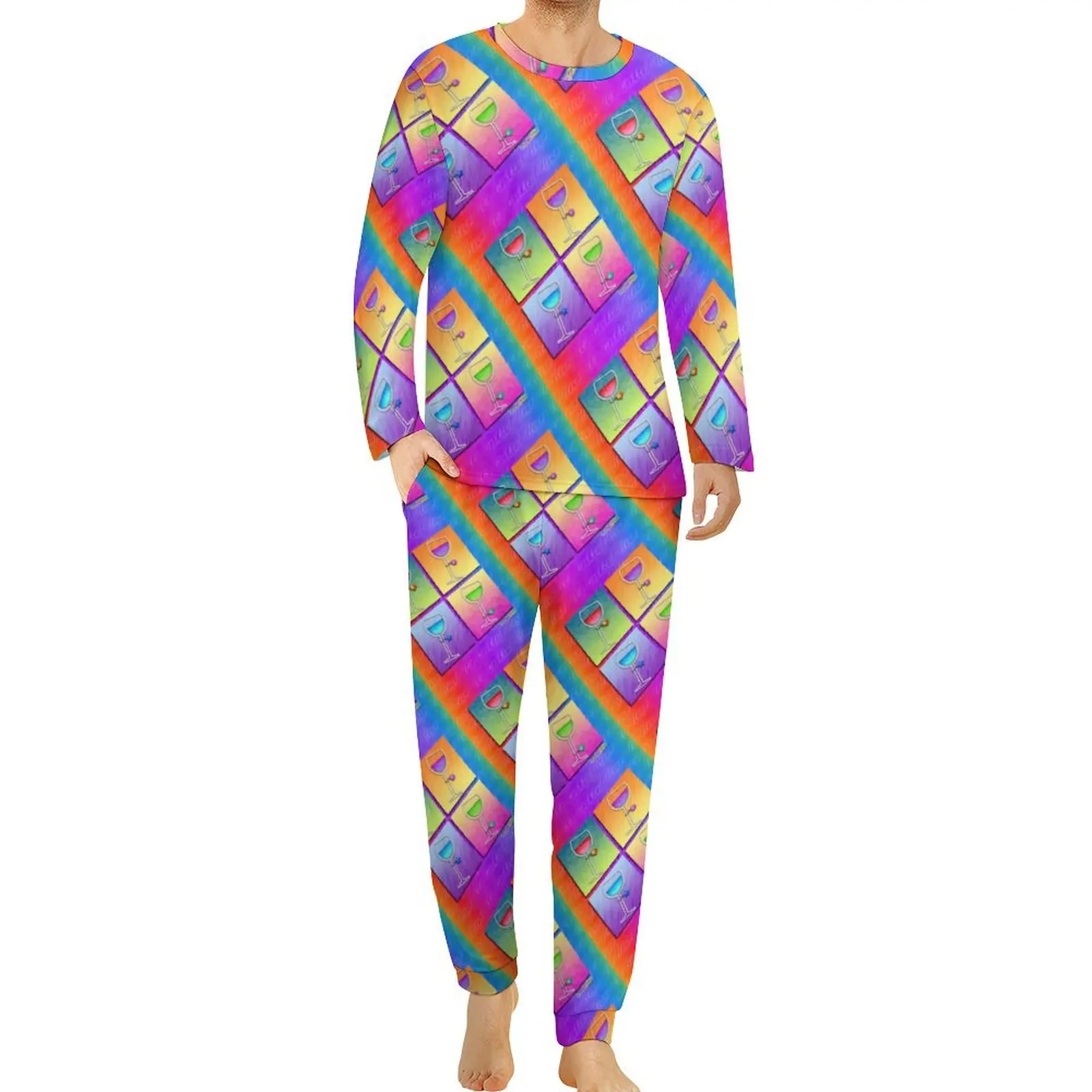 Pop Art Wine Pajamas Spring 2 Pieces Colorful Aesthetic Fashion Pajama Sets Mens Long Sleeve Room Graphic Nightwear Large Size