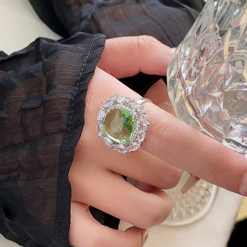 

Micro Pave Sparkling Green Crystal Zirconia Stones Open Rings For Women Luxury Statement Square Ring Jewelry Bijoux