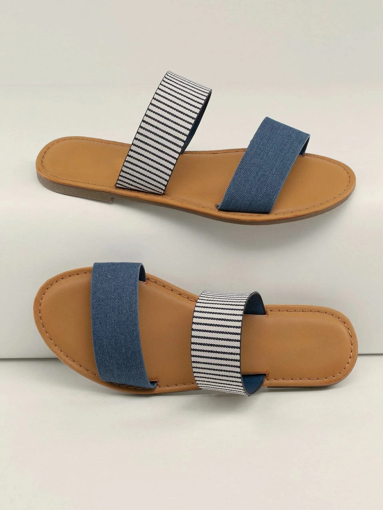 

Double Denim And Stripe Band Flat Slide Sandals