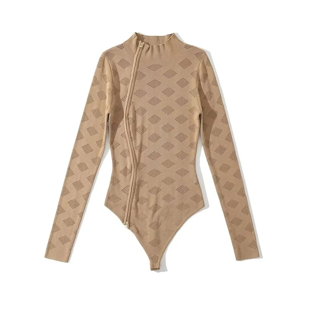 Женское трикотажное боди на двойной молнии с ложным воротником эластичные