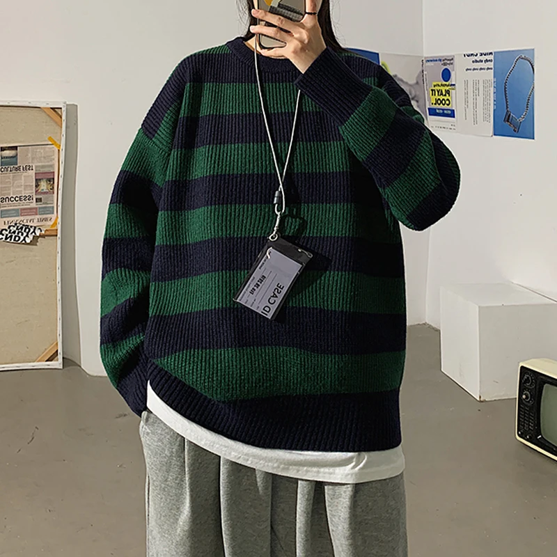 

Spring Autumn Striped Sweaters Men Streetwear Men's Pullovers Tate Landon Sweater Green Striped Sweater Women