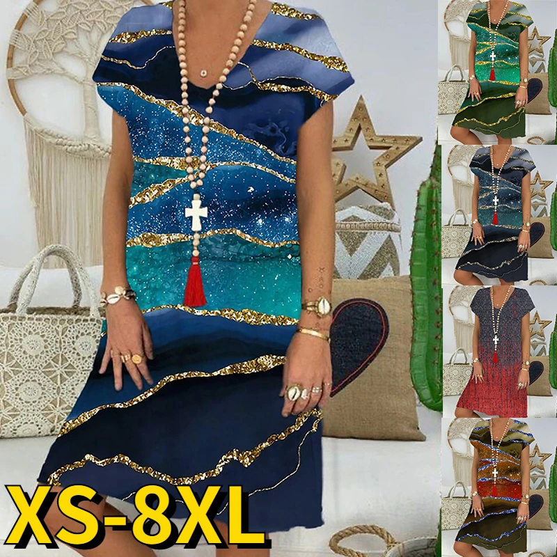 

2022NewSummerV-neckShortSleeveFashionPrintedWomen'sDressLooseCasualDressLooseHemPulloverDressFemaleMidiSkirt