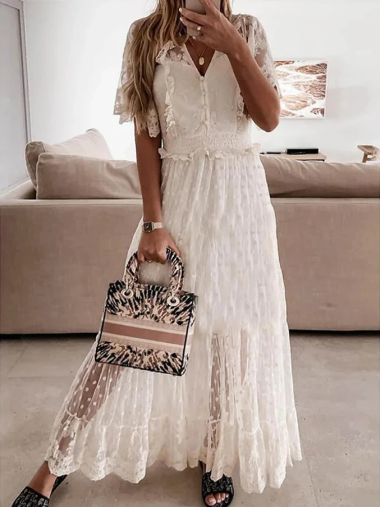 

2023 Boho Summer White Dress Sexy V Neck Short Sleeve Lace Beach Long Dresses Women Fashion Elegant Club Party Dress Tunicas
