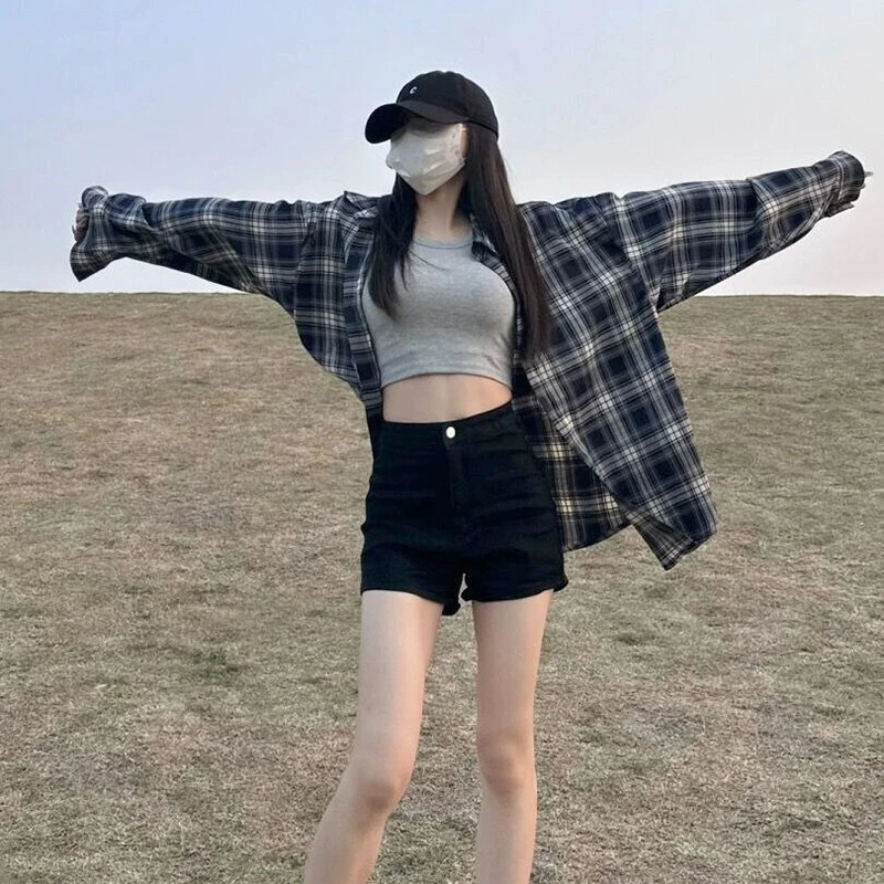 Темно-синие клетчатые блузки Женская мода с длинным рукавом Однобортная