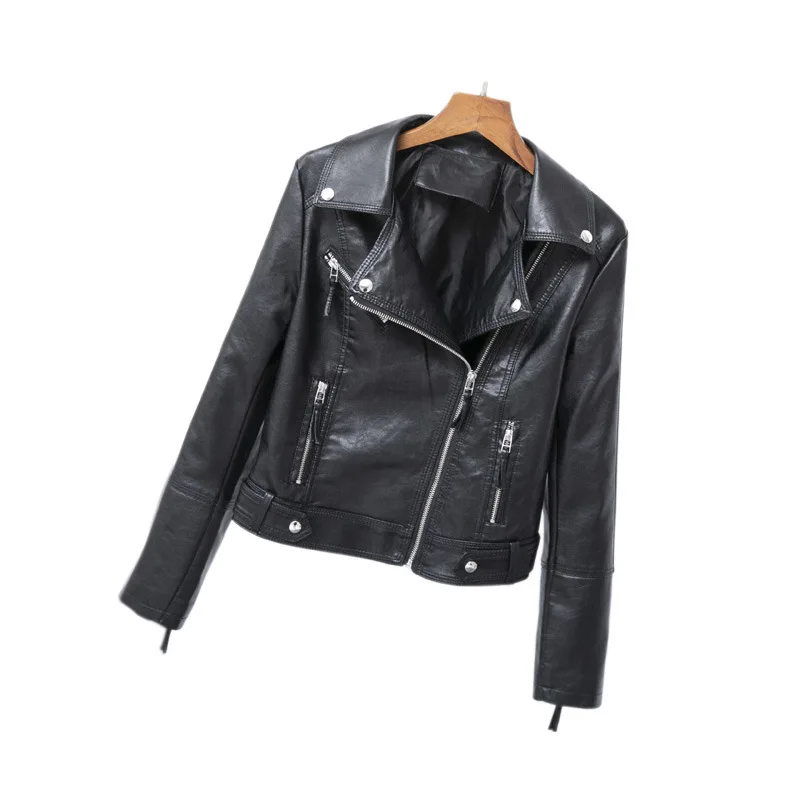 Leather women's short lapel coat 2023 spring and autumn clothes new slim motorcycle leather jacket