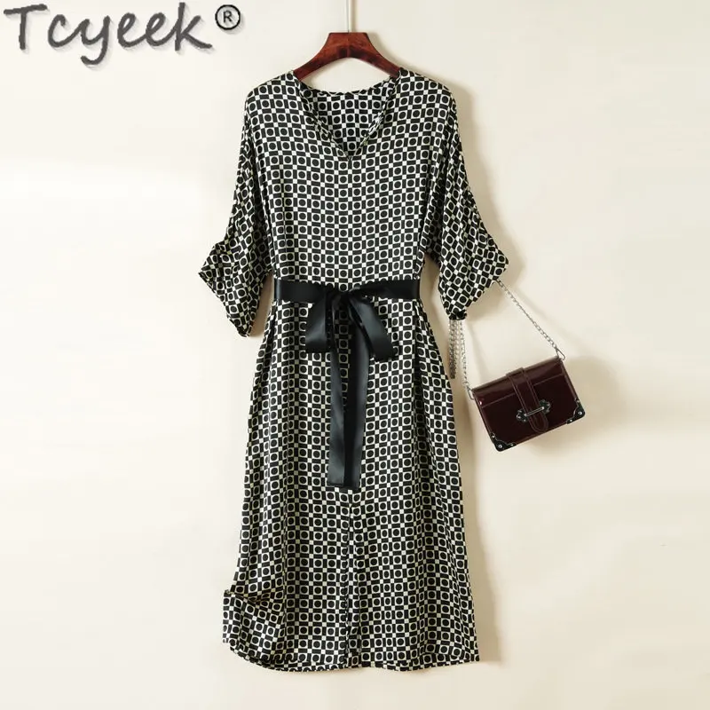 Tcyeek 100% Mulberry Silk Clothing Famale 2023 Chic and Elegant Woman Dress Spring Summer Womens Dresses Print Vestido Feminino