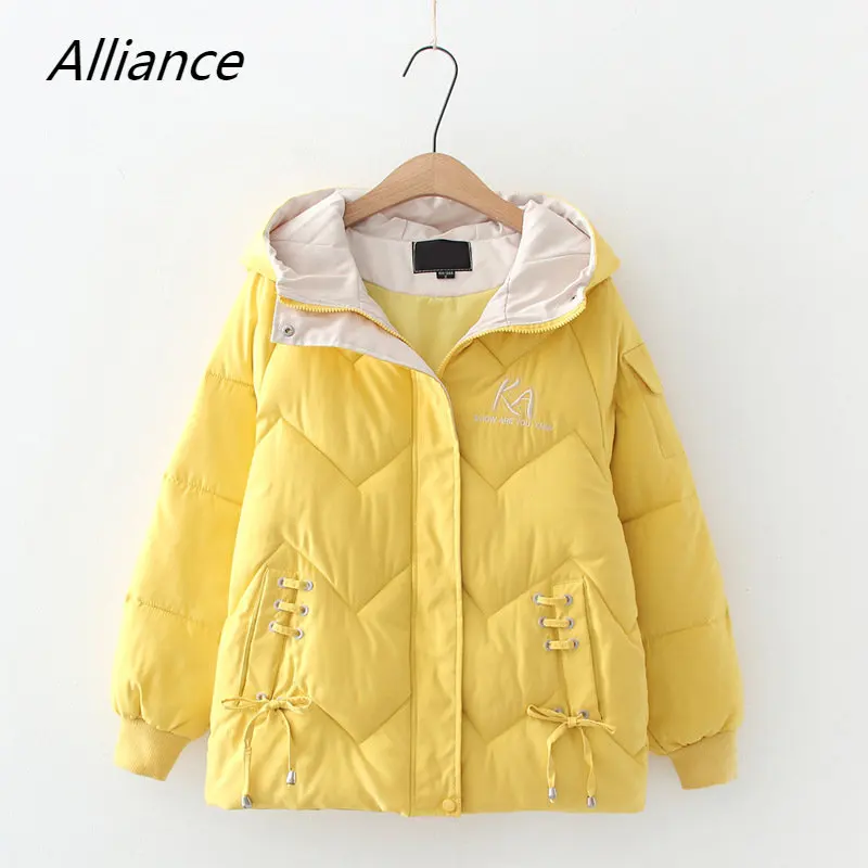 

Winter Style Korean College Style Small Fresh Letter Embroidery Hooded Thick Loose Short Bread Down Cotton Jacket Women Keep