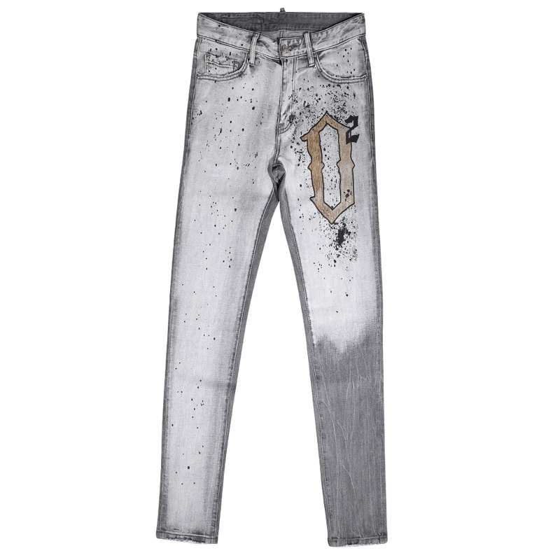 Streetwear Fashion Men Jeans Retro Light Gray Stretch Slim Printed Ripped Jeans Men Painted Designer Hip Hop Brand Pants Hombre