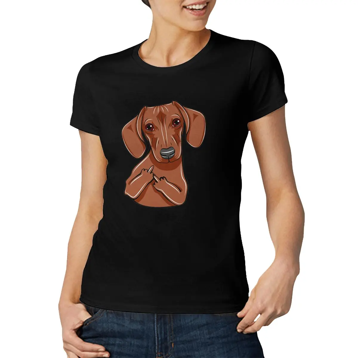 Милая женская футболка с собакой такса и карманом на среднем пальце рубашка