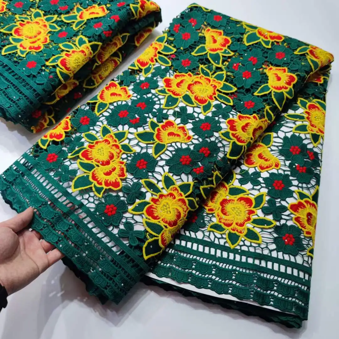 

Green New Arrival French Water Soluble Lace Fabric 2022 High Quality Swiss Guipure Cord Stones Fabric For Evening Party Dress