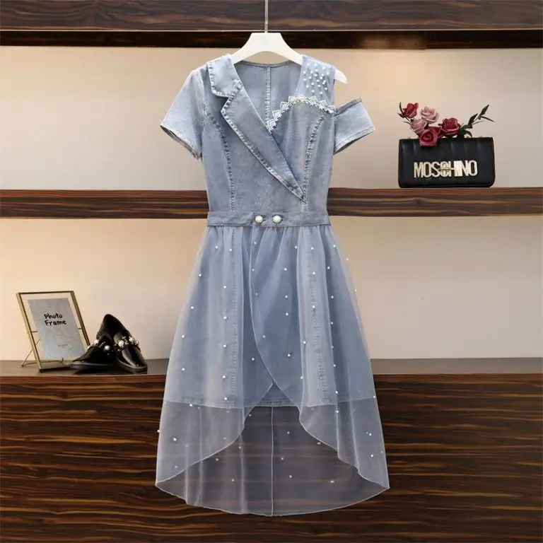 

J GIRLS Plus Size Women Summer Off Shoulder Lace Patchwork Denim Dresses Women High Waist Irregular Beadding Mesh Skirt Suits