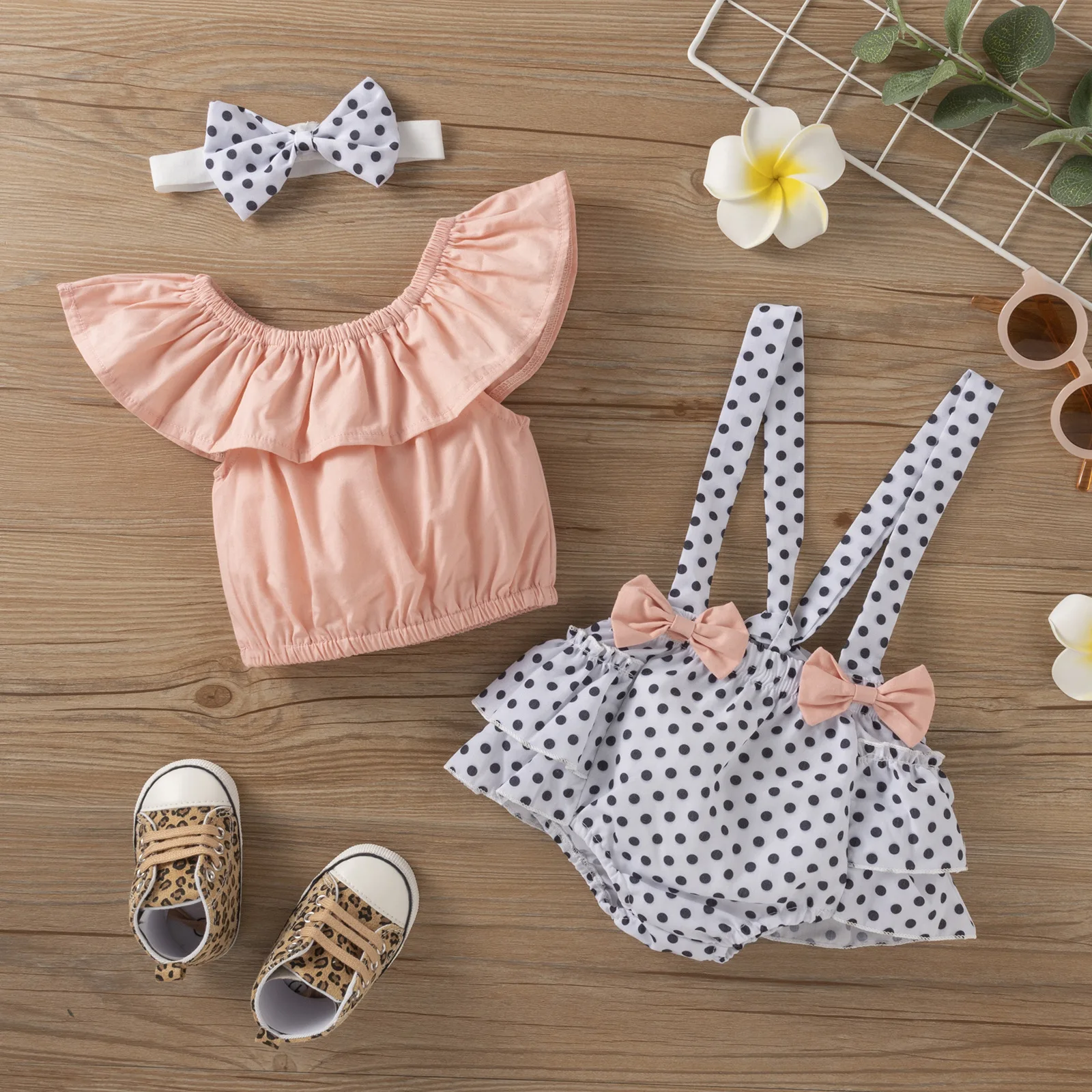 

0-24M Baby Girls Clothes Sets Pink Ruffle Tops Vest+Suspender Shorts Dress with Headband 3Pcs for Toddler Summer Costume