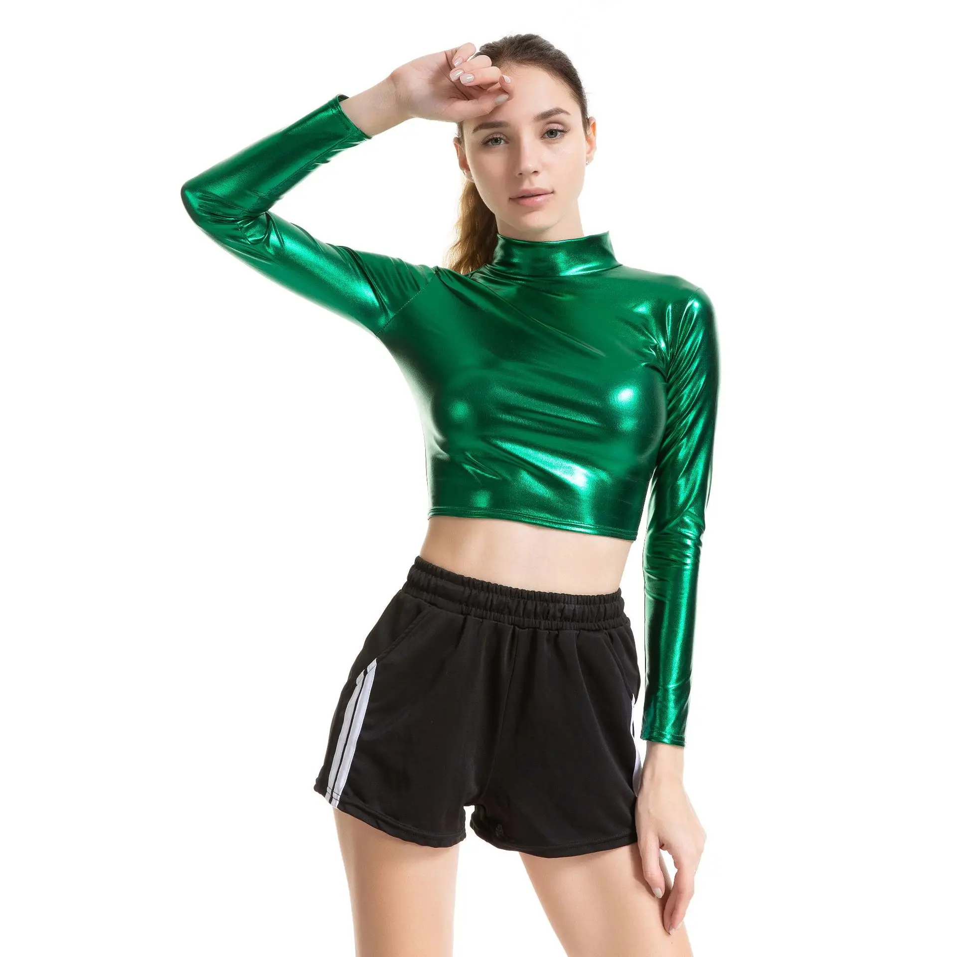 

women slim pu leather long sleeve turtleneck crop top solid color metal latex club dance performance costume T-shirt cropped top
