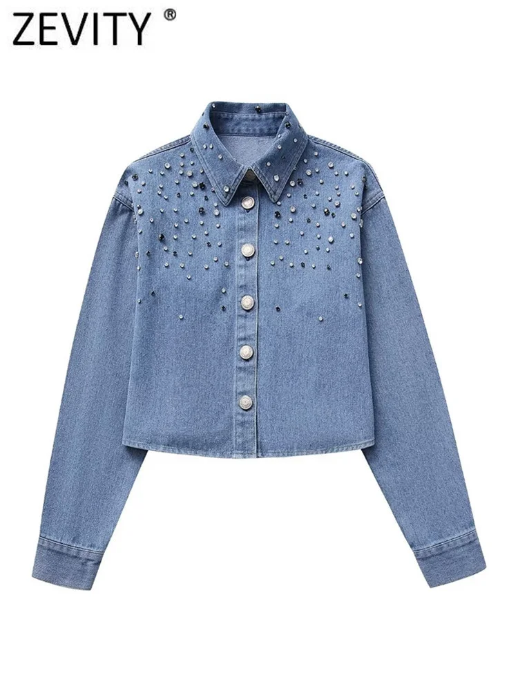 

Zevity Women Fashion Diamond Appliques Casual Short Denim Blouse Office Lady Button Loose Shirts Chic Chemise Blusas Tops LS5461