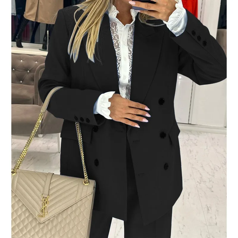 

Женский двубортный Блейзер на пуговицах, костюм с длинным рукавом и брюками с высокой талией и карманами, весна-осень 2023, новый однотонный свободный костюм