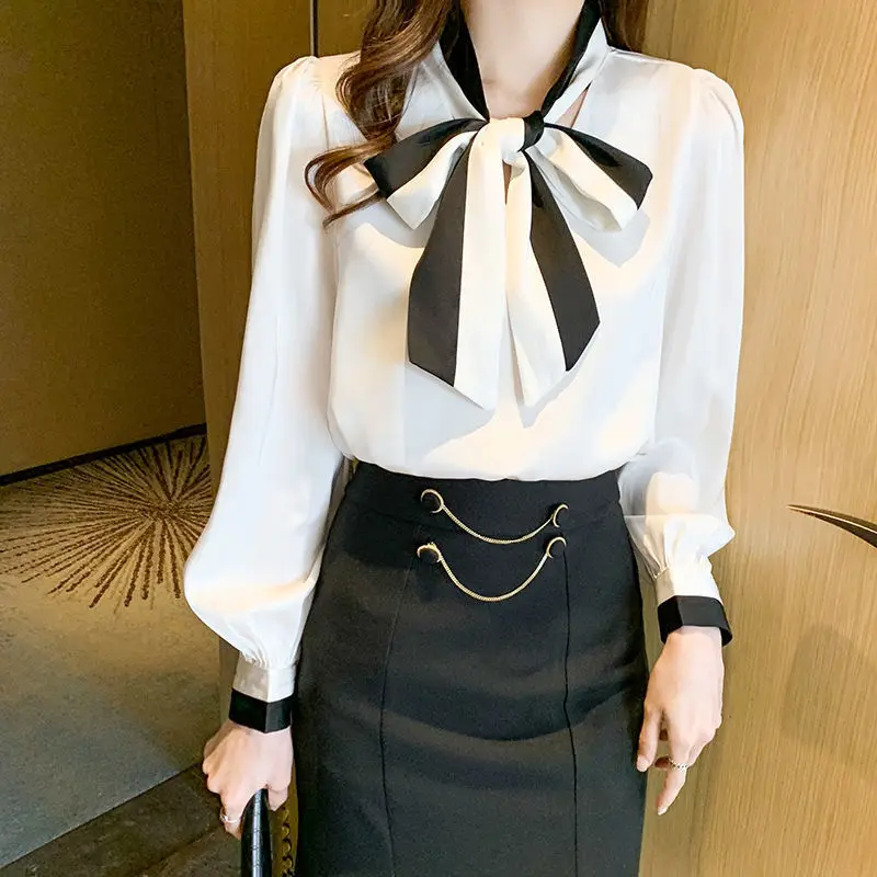Bow Commuter Shirt Women's Clothing Pullovers Sweet Office Lady Straight 2023 Spring New New V-Neck Long Sleeve Blouse Female