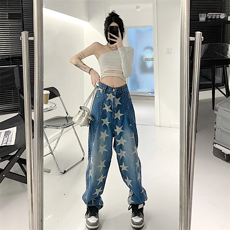 

Jeans female American street hip-hop loose jeans female retro star straight wide leg trousers men and women ins tide brand
