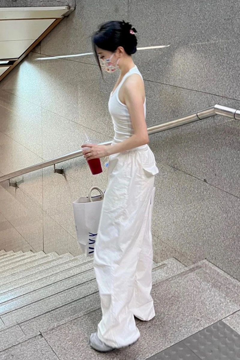 White Casual Overalls Women's Summer Thin American Style Retro Loose High Waist Thin Drawstring Straight Tube Wide Leg Trousers