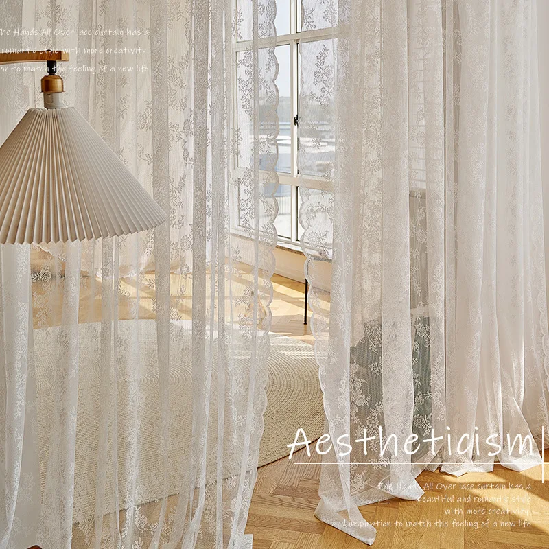 

American pastoral lace yarn rose wavy yarn girl Velcro gauze curtain white bay window partition yarn