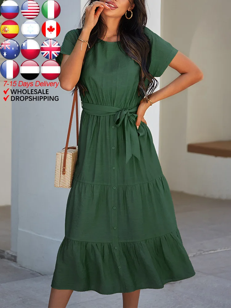 

ATUENDO Summer Fashion Long Dress for Women Vintage Solid Blue Silk Women's Clothing Causal Bohemian Sexy Soft High Waist Robe