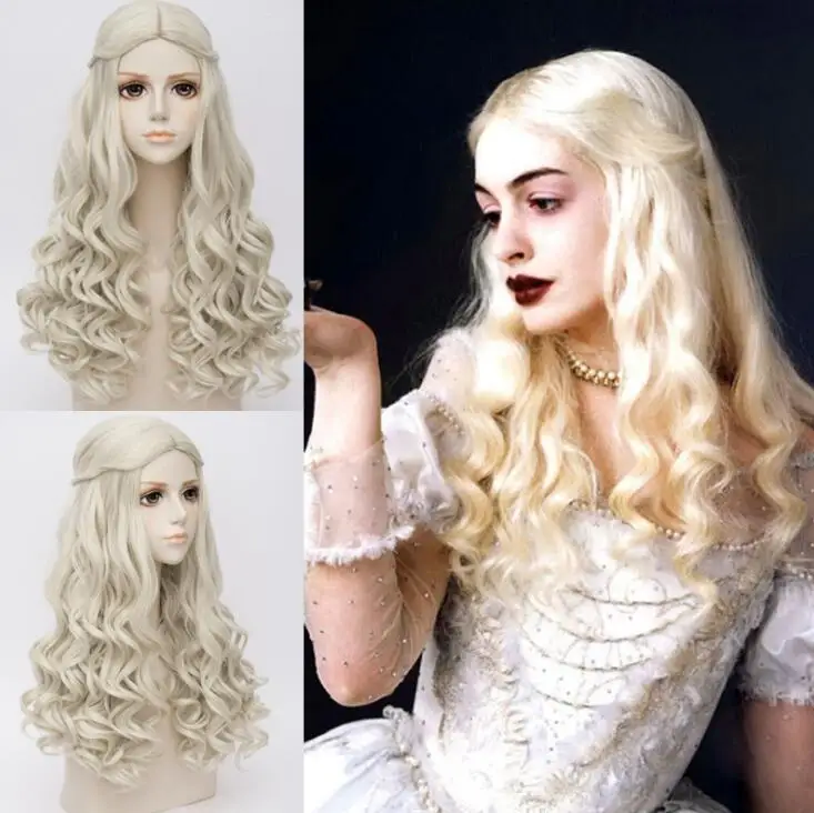 Anime Women Alice in Wonderland White Queen Cosplay Wig Blonde Wavy Long Braid Styled Movie Hair Heat Resistance Fiber