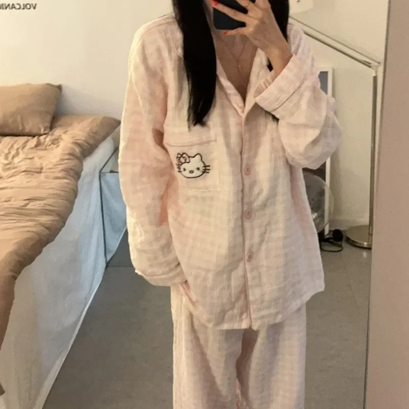 Sanrio Cotton Gauze Pajamas Hello Kitty Women's Pure Cardigan Long-sleeved Trousers Plaid Home Wear Two-piece Set