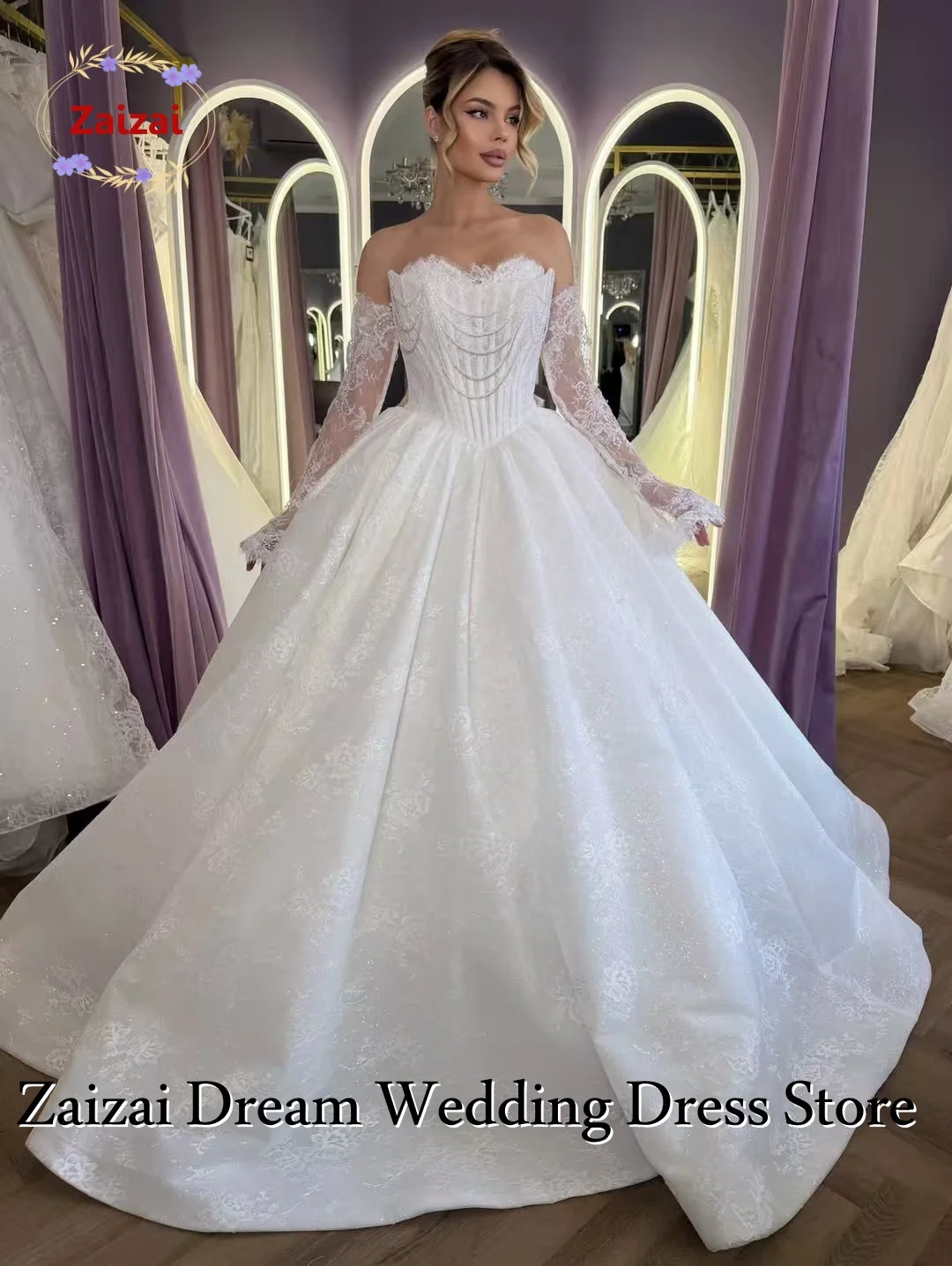 Фото Изысканные свадебные платья на заказ с жемчугом, свадебное платье Vestido De Noiva больших размеров с длинными рукавами, официальный магазин AmandaNovias №1
