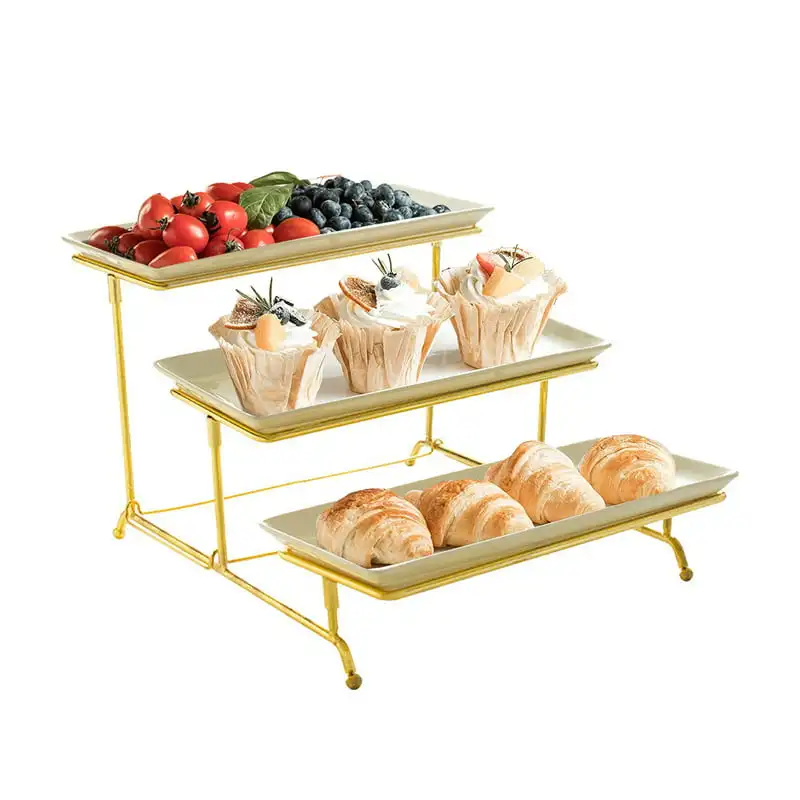 

Sturdy Gold 12inch 3 Tier Porcelain Cake Serving Stand with Folding Tray for Entertaining, Fruit Platter, Dessert and Party Food