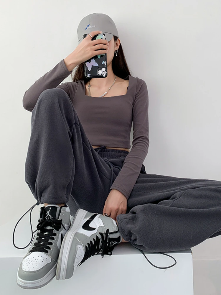 

Dark Gray Sportswear Women's Loose Legged Spring and Autumn New Wide Leg Pants Straight Tube Thin Gray Women's Guard Pants