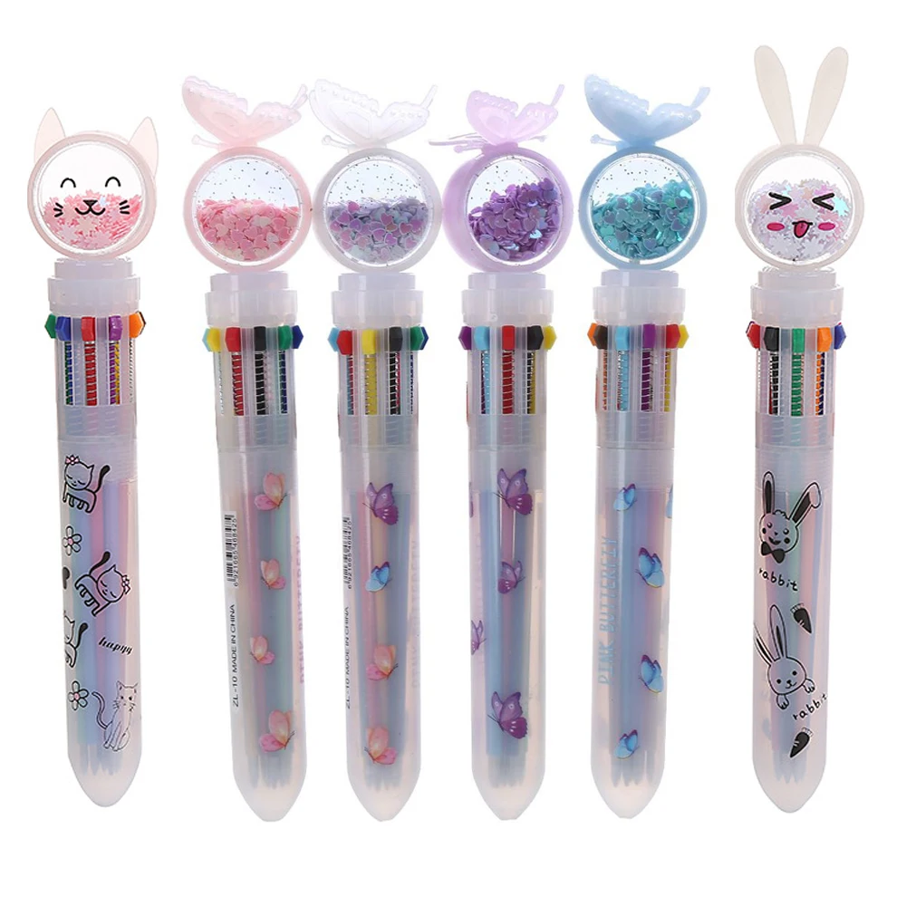 

100 шт., разноцветные шариковые ручки с блестками, 10 в 1