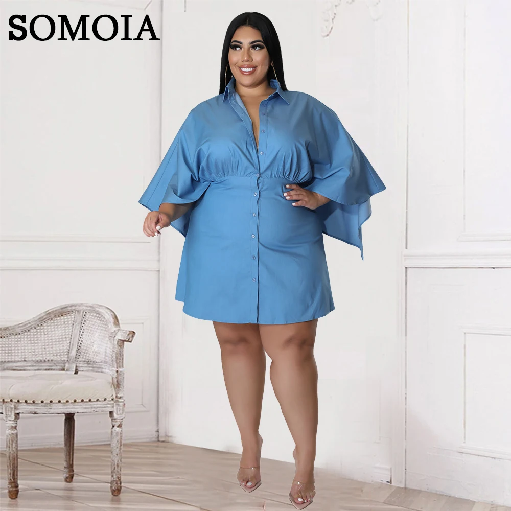 

Женские платья больших размеров SOMOIA, оптовая продажа, Прямая поставка, модное повседневное сексуальное однотонное платье-рубашка, трапецие...