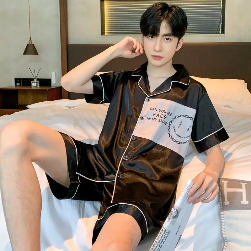 1 Pajamas men's summer ice silk short sleeve summer men's thin silk teen cartoon school loungewear set