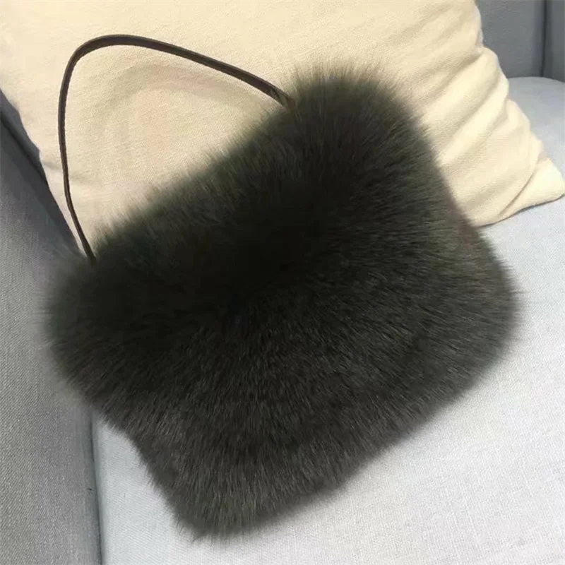 luksusowa damska kwadratowa torba na ramię z futra lisa zimowa puszysta miękkiego pluszowa torebka portfel